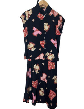 Vintage Loco Lindo 2 Piece Set M Skirt S Top Black Novelty Japanese Kimono Print